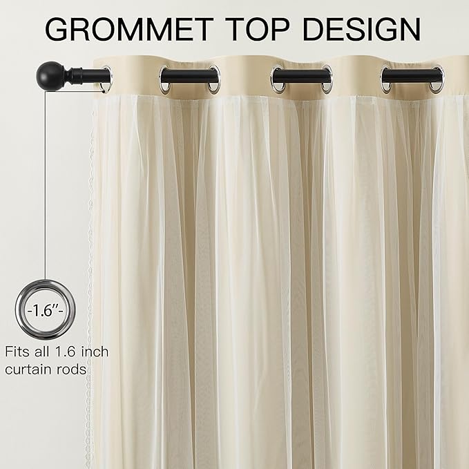 XiDi Full Blackout Beige Curtains with Sheer Overlay for Bedroom Living Room 2 Panels 96 Inches Long Double Layer Curtains for Kids Nursery Girls Light Block Room Darkening Grommet Drapes W52 x L96