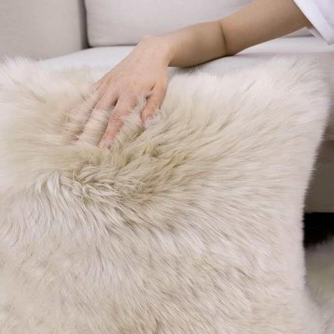 Luxury Soft Fur Sheepskin Fleece Cushion Cover Pillowcase Decorative Throw Pillows Covers, No Pillow Insert, (Cream Brown, Pack of 2)