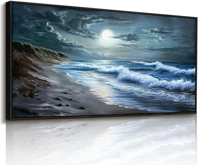 imjiayu Beach Wall Art, Large Wall Decor, Black Framed Wall Art, Coastal Wave Decoration Painting, Seaside Moon Night Canvas Prints, Modern Ocean Pictures Wall Decor Living Room Bedroom Office 20"x40"