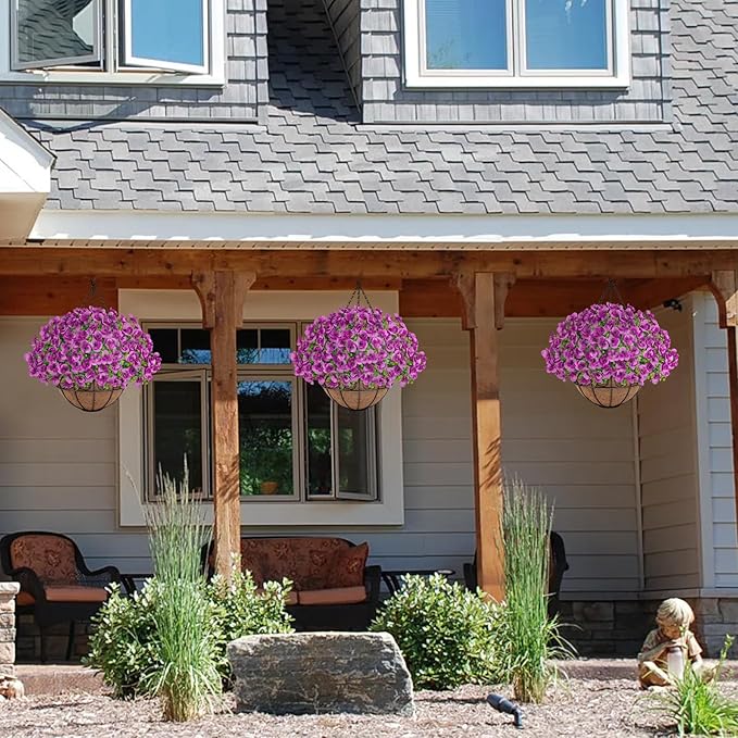Artificial Hanging Flowers with Baskets for Outdoors, Fake Silk Pansy Flowers UV Resistant Faux Hanging Plants for Front Porch Patio Yard Home Spring Summer Decoration, Fuchsia