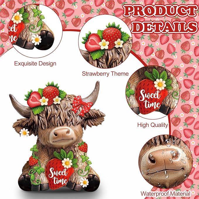Karenhi 2 Pcs Strawberry Highland Cow Figurines, Strawberry Cute Resin Cow Ornaments Statue Calf Lovers Gifts for Home Garden Kitchen Office Tiered Tray Table Decor