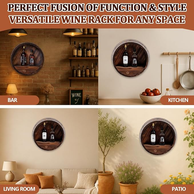 Colingmill 17.7 x 5.9 in Whiskey Barrel Shelf Rustic Wall Mounted Bourbon Wooden Floating Hand Wine Rack Oak Barrel Wine Bottle Holder Display Stand Vintage Bar Home Decor(Dark Brown)