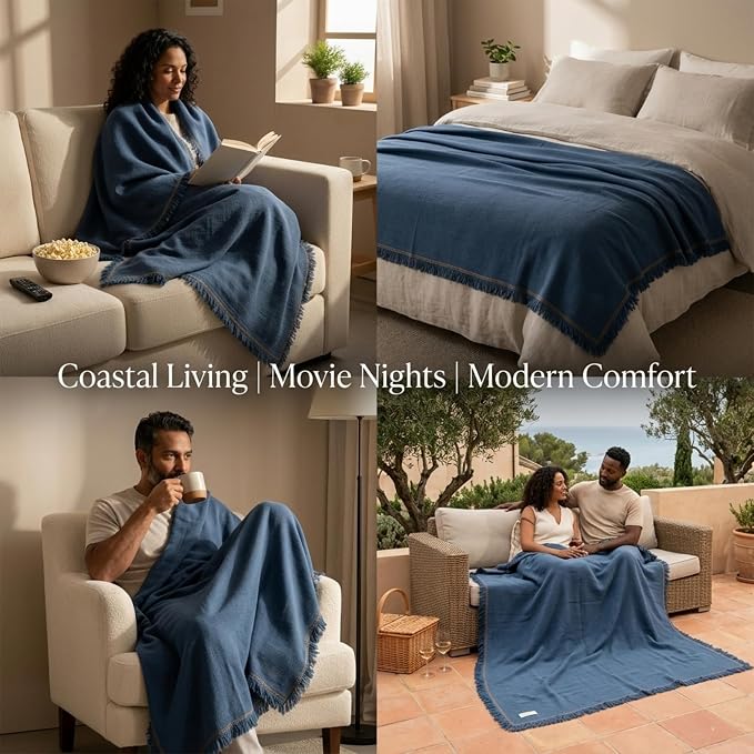 Odin Waffle Throw Blanket with Tassels, 50x66 Inch, 100% Turkish Cotton, Oeko-TEX Certified, Breathable Lightweight Throw for Couch, Sofa & Bed, Made in Turkey, Denim