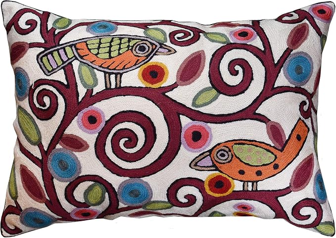 Lumbar Cushion Cover Hand Embroidered Wool 13x21 (Cream Birds Lumbar Pillow Cover)