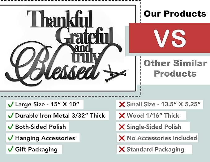 Vivegate Thankful Grateful Blessed Wall Decor – Home Thankful Iron Wall Decor Blessed Wall Signs for Home Decor Entry Way (Medium - 15"X10")