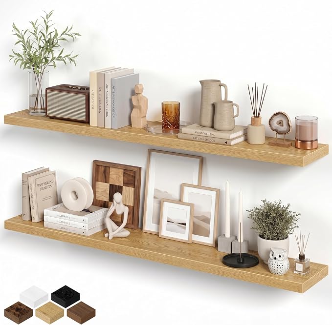 Fun Memories 72 Inch Floating Shelves for Wall 8 Inch Deep Oak Shelves Set of 2, Wall Mounted Rustic Wood Long Floating Shelf, Large Display & Storage Shelf with Invisible Brackets