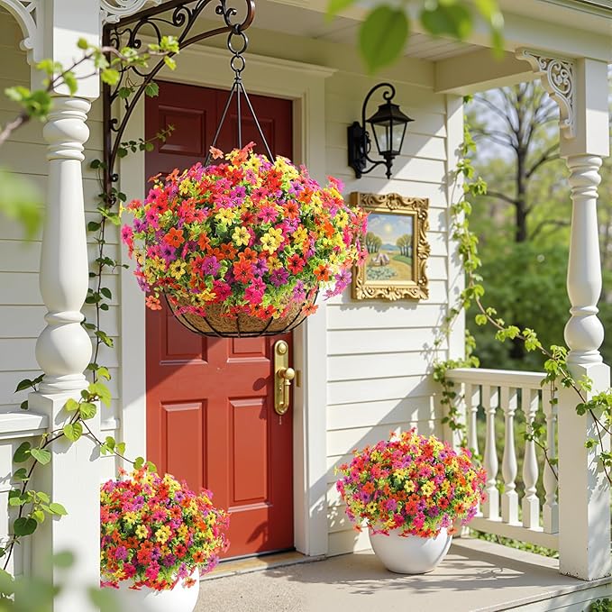 SHareconn 48 Bundles Artificial Flowers for Outdoors Spring Decoration, Fake Silk Realistic Faux Plants UV Resistant for Outside Planter Porch Patio Summer Indoor Decor, RedRose PurpleYellowOrange