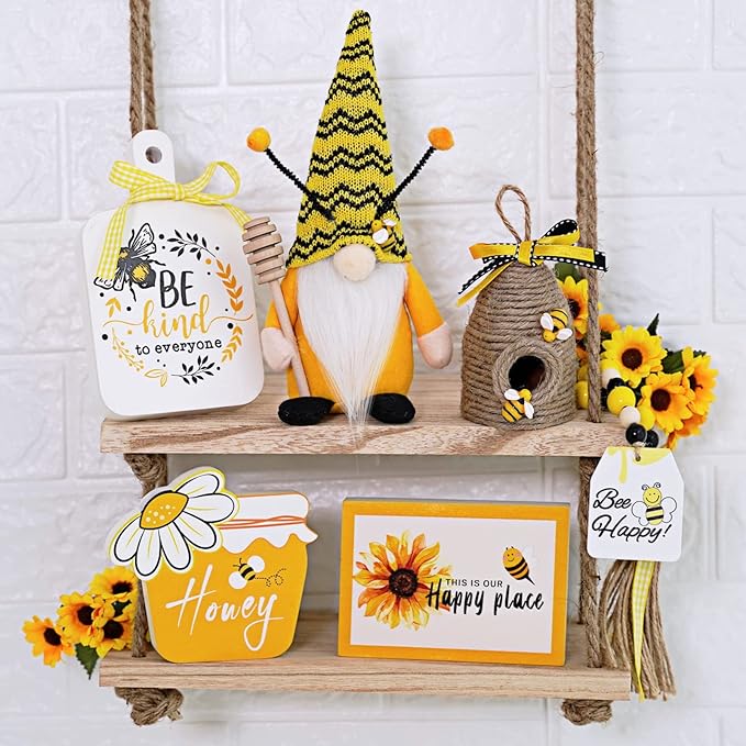 Bee Tiered Tray Decor Set, 6 Pcs Bumble Bee Farmhouse Kitchen Decor with Gnome, Honey Jar, Bee Hive, Wood Signs & Garland, Rustic Spring Decor Summer Countertop Coffee Bar Decorations