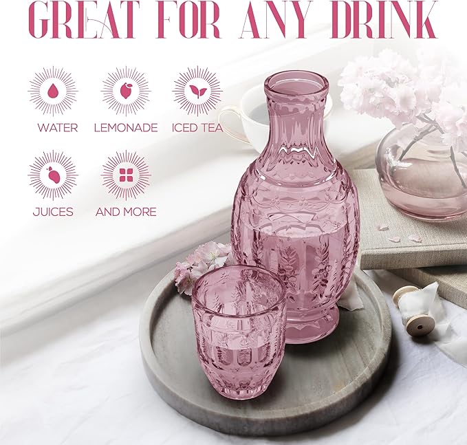Elle Décor Vintage Bedside Water Carafe With Tumbler – Elegant Pitcher and Matching Drinking Glass Doubles As Lid For Guest Room, Office-Makes A Gift, 4.7x10.4, Pink