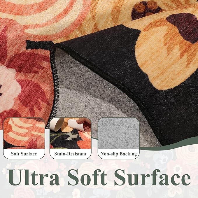 DUKINO 6x9 Area Rug, Floral Washable Rugs for Living Room with Non Slip Backing & Non-Shedding, Lightwight Low Pile Boho Design Large Carpets for Bedroom, Living Room, Dining Room, Black