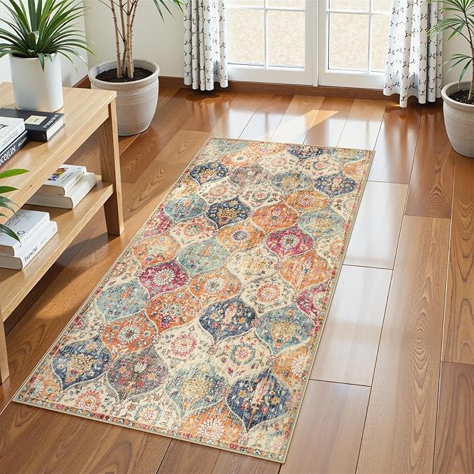 Lahome Moroccan Trellis Hallway Rug, 2x5 Washable Runner Rug Non Slip Kitchen Runners for Hallways, Ultra-Thin Vintage Carpet for Bedroom Bathroom Entryway Elise, Cream/Multi