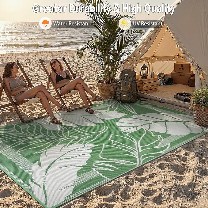 HUGEAR 9'x12' Outdoor Rug Waterproof Plastic Straw Rugs Large Green Reversible Olive Leaf Mat Floor Carpet for Camping RV Deck Entryance Porch Picnic Balcony Beach Backyard