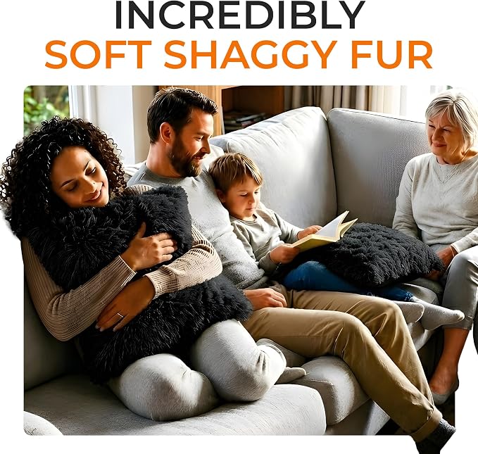 Cheer Collection Throw Pillows for Couch and Bed, Soft Shaggy Throw Pillows with Inserts Included, Cozy Long Hair Faux Fur Pillows - Set of 2-20" x 20" - Black