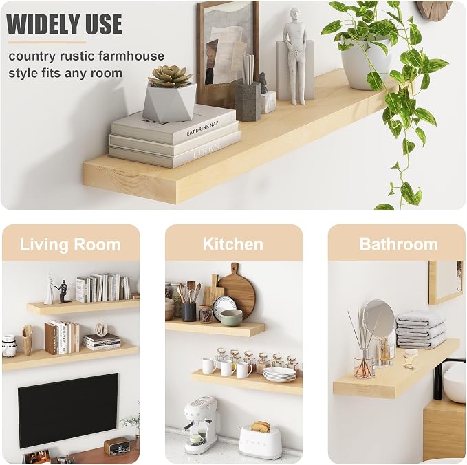 FLYJOE Floating Shelves for Wall, USA-Sourced Maple Wood 55 Inch Long Wall Shelves, Natural Wooden Mounted Picture Ledge Shelf, Nursery Book Storage Shelf Kids Bookshelf, Display Shelf for Bathroom
