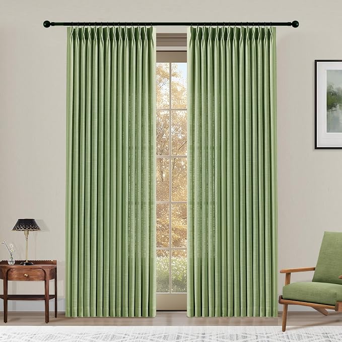 Sage Green Pinch Pleated Linen Curtains 84 Inches Long for Living Room, Light Filtering Pleat Drapes Textured Thick Memory Trained Semi-Sheer Boho Curtain with Hooks for Bedroom Farmhouse, 2 Panels