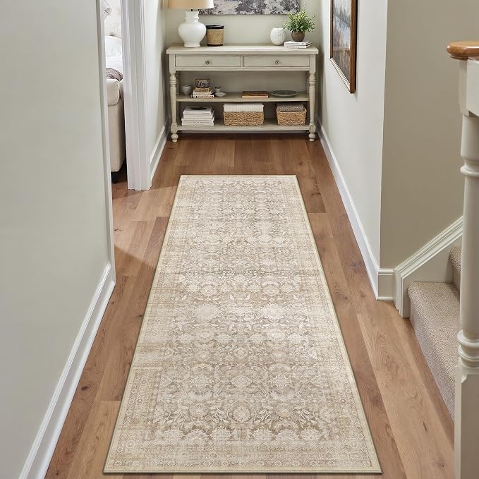 2x5 Beige Washable Neutral Runner Rug for Living Room Floral Non Slip Low Pile Runner Indoor Vintage Traditional Stain Resistant Distressed Carpet Kitchen Bedroom Dining Room Hallway Bathroom