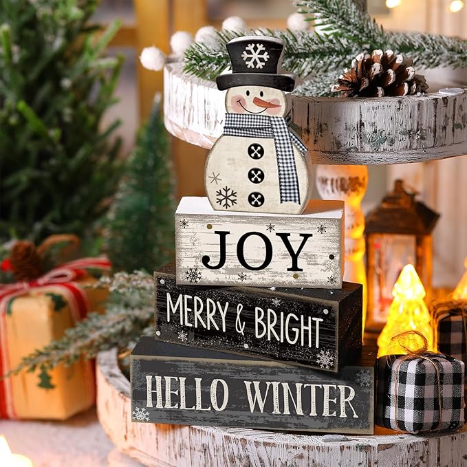 Lineshading 4 Pcs Winter Table Decorations Wooden Snowman Black and White Winter Tiered Tray Decor Christmas Centerpiece Decorations Rustic Wooden Snowman Block Sign Gifts Farmhouse for Home Kitchen