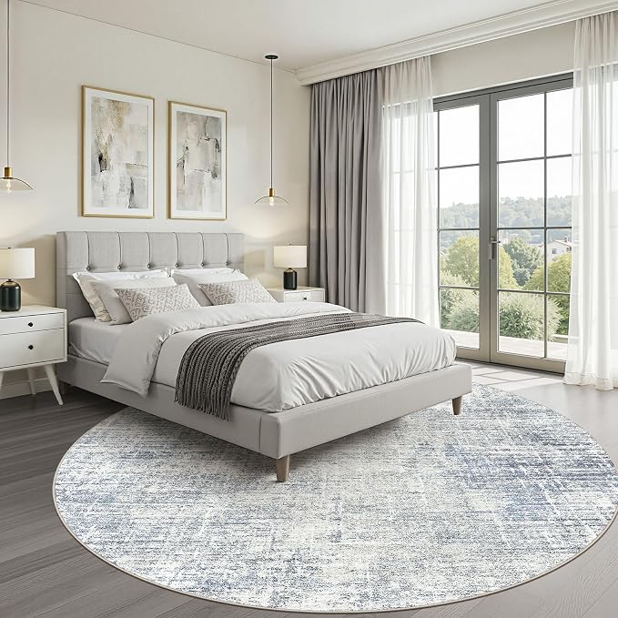 5ft Round Rug Living Room: 5x5 Washable Large Neutral Blue Circle Area Rug Abstract Soft Modern Stain Resistant Indoor Floor Non-Slip Carpet for Bedroom Nursery Kids Office Playroom Dining Room