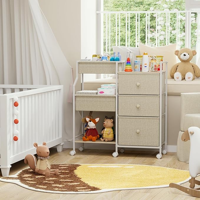 Modanais Baby Organizer and Storage - 3 Tier Rolling Cart with Dividers and Drawers, Easy To Assemble, Mobile Utility Cart with Wheels for Nursery, Bedroom, Changing Table & Crib,Off White