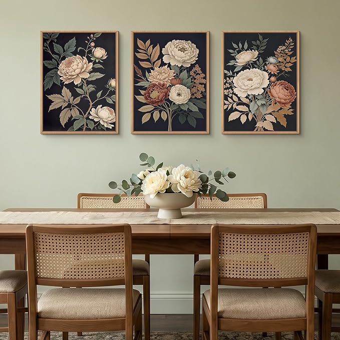 HOURIA Large Moody Dark Flower Framed Canvas Wall Art,Retro Beige Red Peony Wall Decor,Vintage Textured Blossom Botanical Artwork,Natural Wildflower Art Print for Living Room,Bedroom,Office-12 x16 x3
