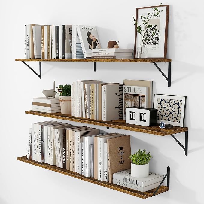 Vivelove Deep Floating Shelves for Wall, 48W x 8D Wood Wall Shelves Set of 3, Wide Floating Bookshelf for Living Room, Kitchen, Office, Bedroom and Decor Storage, with Metal Bracket - Rustic Brown