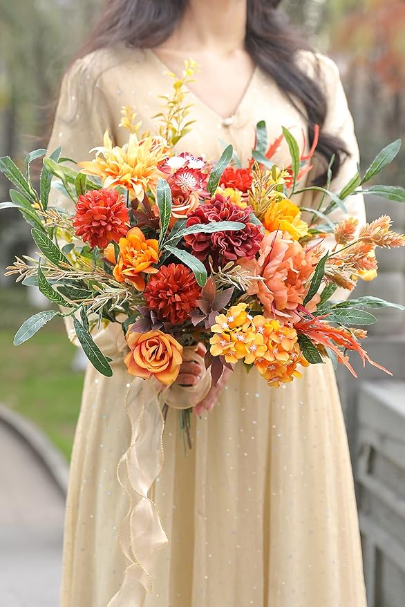Artificial Flowers 25pcs Real Looking Red Silk Fake Flowers Combo with Stems for DIY Wedding Bouquets Bridal Shower Centerpieces Party Decorations (Orange)