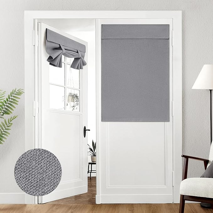 HOMEIDEAS 100% Dark Grey Linen Blackout French Door Curtains, Privacy Door Window Curtains, 34 X 40 Inch Room Darkening Blinds, Thermal Insulated Shades for Bedroom, 1 Panel