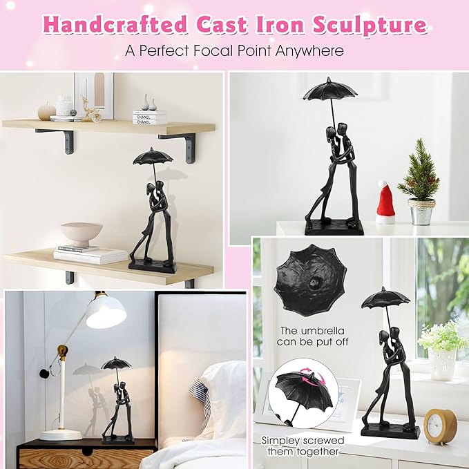 Kresecioo Anniversary for Couple/Her, Affectionate Couple Statue Kissing Under Umbrella, Handcrafted Cast Iron Sculpture in Love, Wedding Gifts 6th Anniversary Mothers Day Love Gifts for Wife