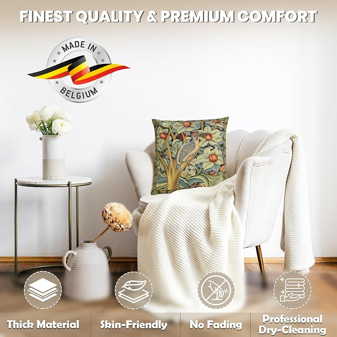 Charlotte Home Furnishings Inc Black Woodpecker Throw Pillow Covers 18x18, European 100% Cotton Jacquard Woven Fabric, Boho & Vintage Inspired Decorative Cushion for Living Room and Sofa