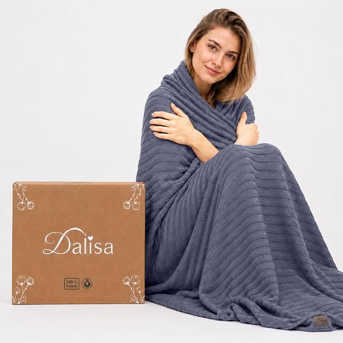 Dalisa 100% Organic Cotton Knit Throw Blanket, Grey-Blue, 60x80 Inches, GOTS-Certified, Crochet Knit, Adult, Eco-Conscious Luxury, Lynx-Inspired Pattern