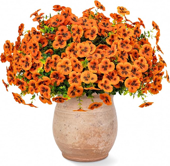 24 Pcs Artificial Fake Pansy Flowers for Outdoor,Faux Silk Plants Flowers UV Resistant Pansies Spring Flowers for Planter Front Door Porch Yard Patio Garden Window Box Home Decor(Orange)