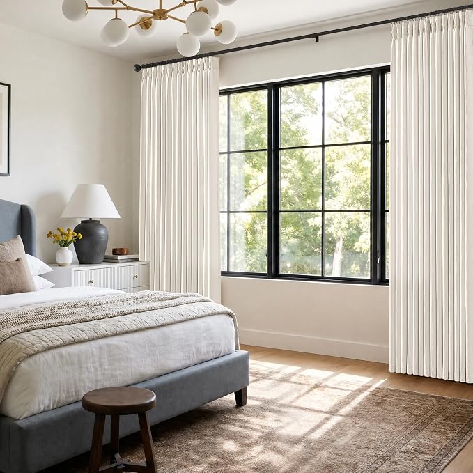112 Inch Long Pinch Pleat Curtains 2 Panels Set Natural Cream Light Filtering Back Tab Linen Textured Drapes for High Living Room Sliding Door 112 Inches Farmhouse Semi Sheer Extra Long Door Curtains