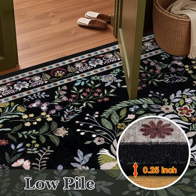 8x10 Area Rugs Living Room Rug: Vintage Washable Rug Floral Soft Carpet Indoor Floor Non-Slip Boho Stain Resistant Large Carpets for Bedroom Kids Nursery Dining Room Farmhouse Home Office Black