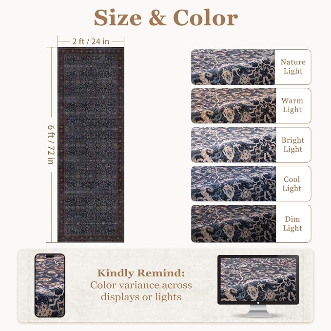 Dark Blue 2x6 Washable Runner Rug Non Slip, Old Money Aesthetic Carpet Runners for Hallway Kitchen 6ft Vintage Maximalist, Low Pile Thin Print Entryway Runner for Bathroom Mudroom Bedroom