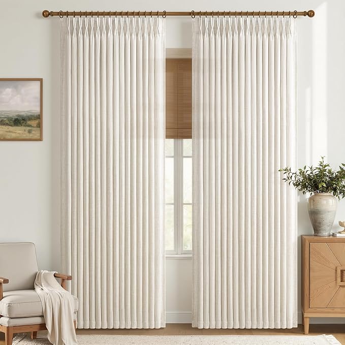 Semi Sheer Cream Beige Curtains 86 Inches Long 2 Panels Set for Kids Room, Memory Trained Pinch Pleated Natural Linen Curtain Light Filtering Privacy Non See Through 86 Inch Window Drapes 50 Inch Wide