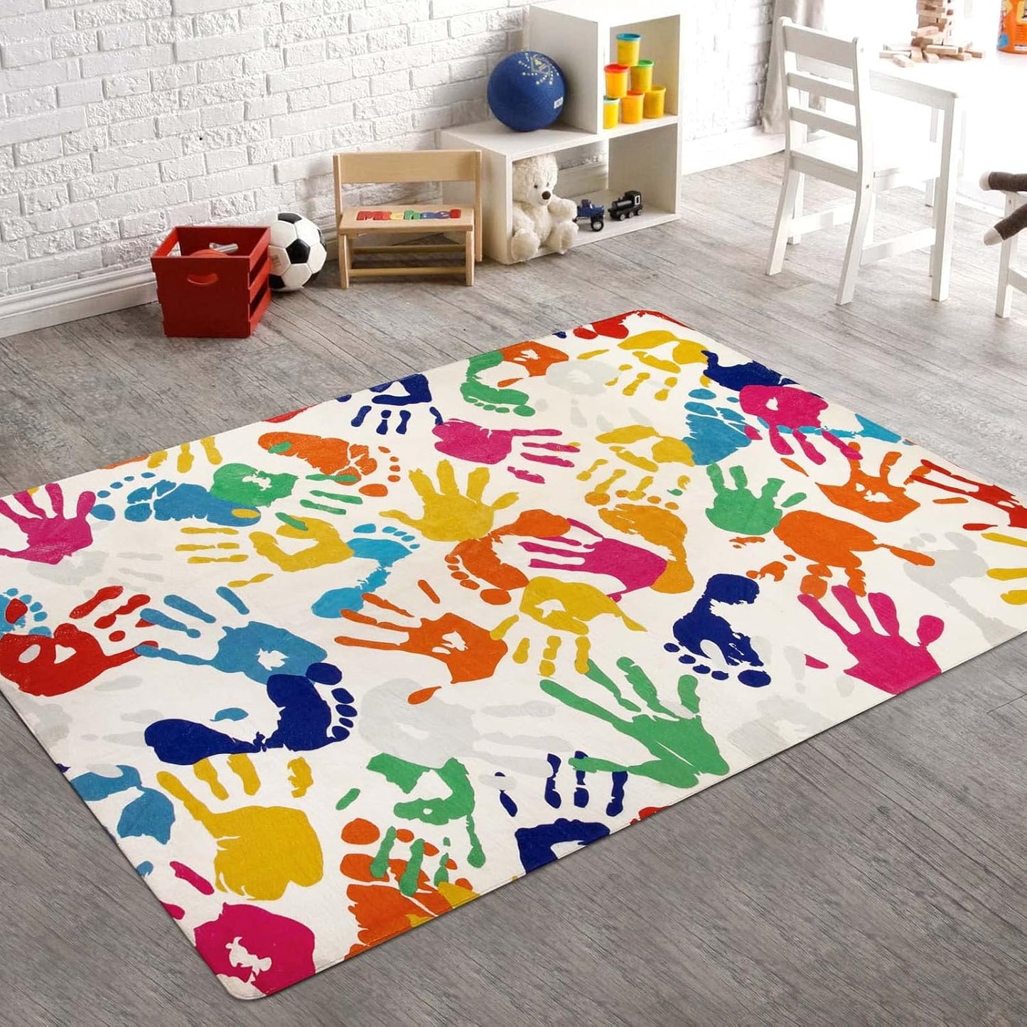 STARUIA Handprints and Footprints Kids Rug Play Carpet, 4'x6' Washable Colorful Area Rug for Nursery Room, Ultra Soft Non-Slip Indoor Play Mat for Bedroom Playroom Classroom