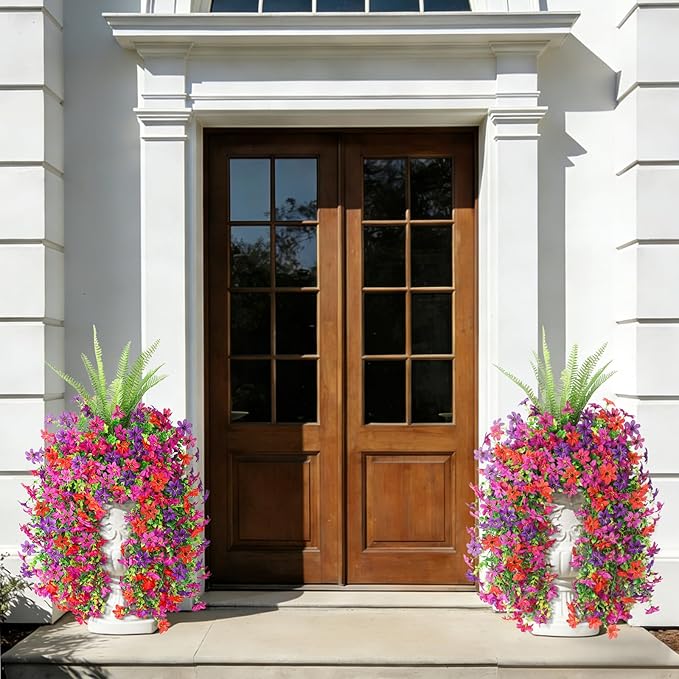Artificial Fake Flowers Plants for Outdoor Decoration,3 Pcs Faux Hanging Flowers with Boston Ferns Spring Summer Decor,UV Resistant Realistic Fake Silk Flowers for Planter Balcony Yard Porch Garden