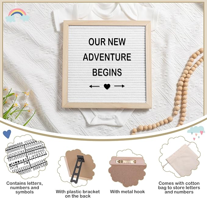 Canlierr 9 Pcs Pregnancy Announcement Set Pregnancy Reveal Ideas Felt Letter Board Baby Bodysuit Booties Photo Frame Bear Plush Wood Blocks for Coming Soon Baby Announcement(White)