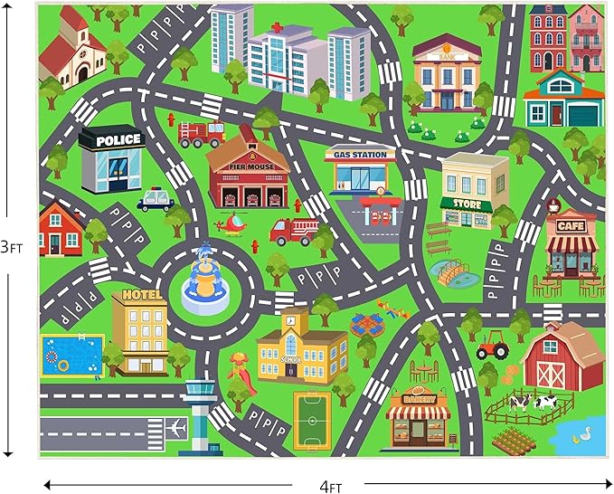Kids Room Rug - Soft & Non-Slip 3x4 Ft Town Car Rug City Map Play Mat, Childrens Road Catpet Washable Rug for Classroom Nursery Bedroom Boys