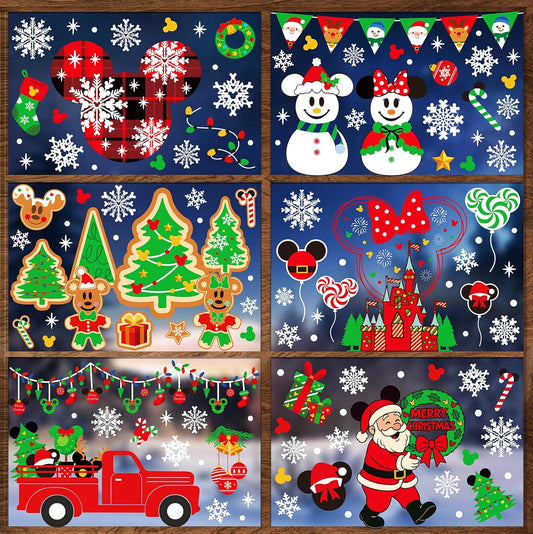 Christmas Window Clings - 9 Sheets 166 Pcs Cute Xmas Decorations for Winter Holiday Home Party, Santa Snowman Tree Snowflake Gingerbread Stickers for Glass, Double-Sided Static Window Decals