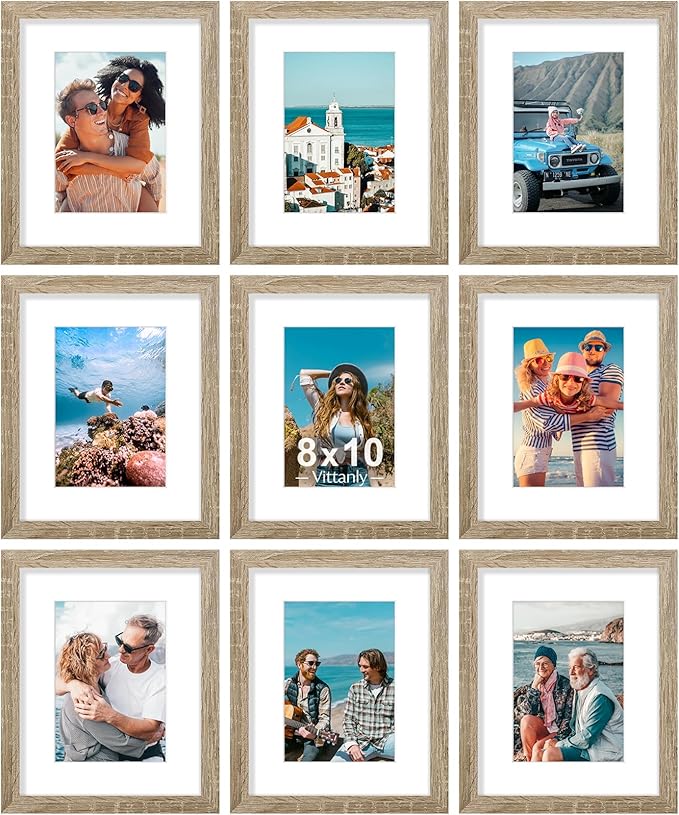 Vittanly 8x10 Picture Frames Set of 9, Shatter Resistant Plexiglass, Display 5x7 Pictures with Mat or 8x10 without Mat, Photo Frames for Wall or Tabletop, Engineered Wood, Light Wood