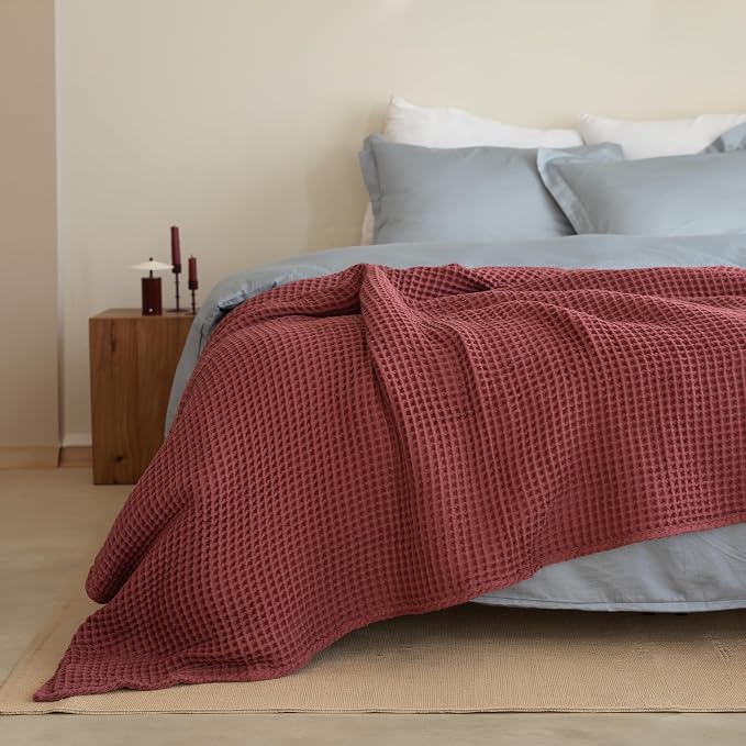 100% Turkish Cotton Waffle Throw Blanket King Size Red - Premium Quality, Light and Airy Waffle Weave All-Season Quilt - Lux Decorative Bedspread (Dark Red, King Size 95" x 110" Inch)