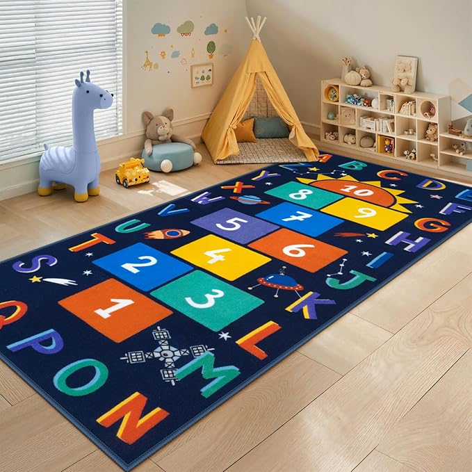STARUIA Washable Hopscotch Kids Rugs for Playroom, Colorful Educational Classroom Rug with ABC Number, Non Slip Boy Kids Play Mat Rug Space Game Carpet for Bedroom Daycare（Dark Blue, 31.5''x72''）