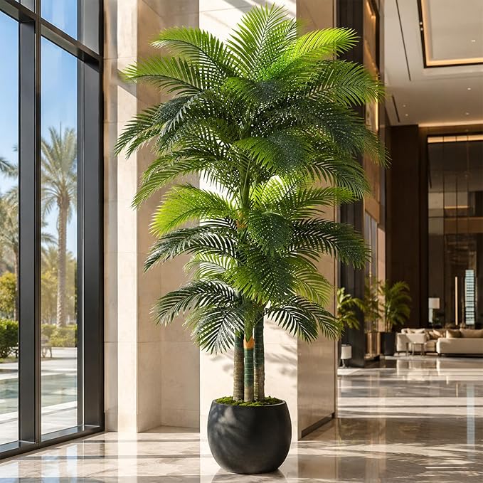10ft Tall Triple Golden Cane Palm Artificial Tree Large Tropical Palm Tree UV Resistant Fake Plant in Pot for Indoor Outdoor Big House Living Room Outside Patio Office Home Decor 1Pack