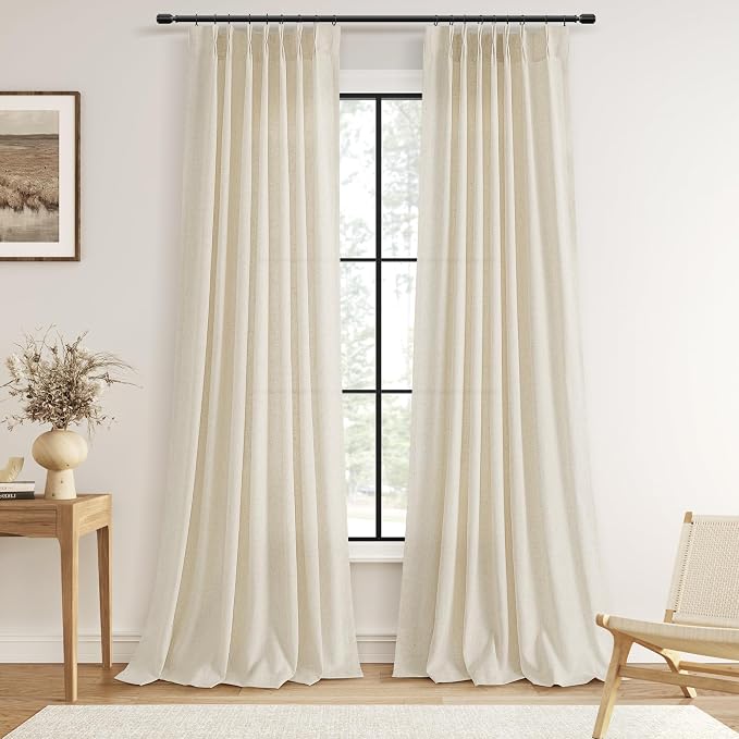 Guken Beige Pinch Pleated Linen Curtains 108 Inch Length 2 Panels for Living Room Bedroom Elegant Farmhouse Country Privacy Light Filtering Semi Sheer Back Tab Drapes with Hooks for Nursery 40x108