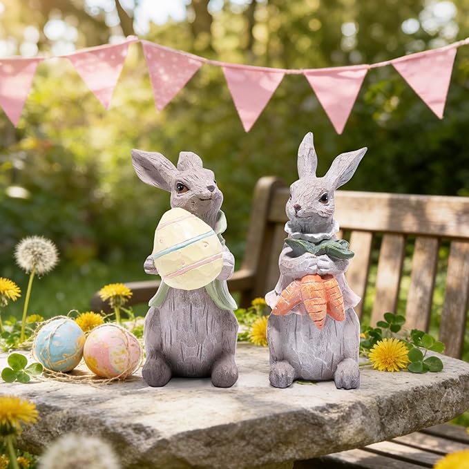 Hodao Easter Bunny Decorations Spring Home Decor Bunny Figurines Gifts (Easter Gray Rabbit 2pcs)