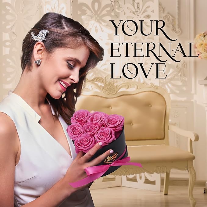GLAMOUR BOUTIQUE 7 Flower Forever Heart Shape Box, Eternal Preserved Roses Gift for Her, Lasting Flowers, Petite Floral Heart Box for Birthday, Anniversary or Valentine’s Day, Pink (Color-Treated)