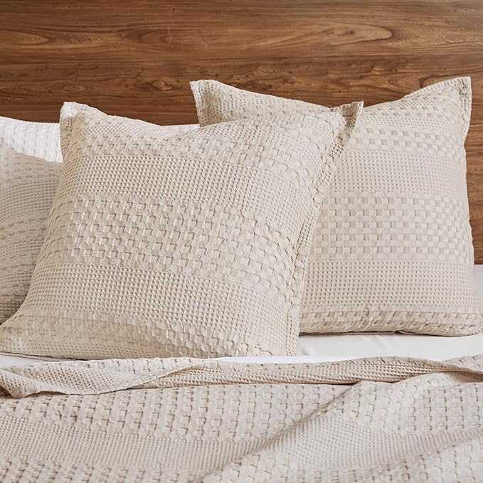 PHF 100% Cotton Ruffle Waffle Weave Euro Sham Covers, 8 Pack 26" x 26" Bed Pillow Covers for Elegant Home Decor, No Filling, Luxury Aesthetic Euro Pillow Cases for Bed, Oatmeal