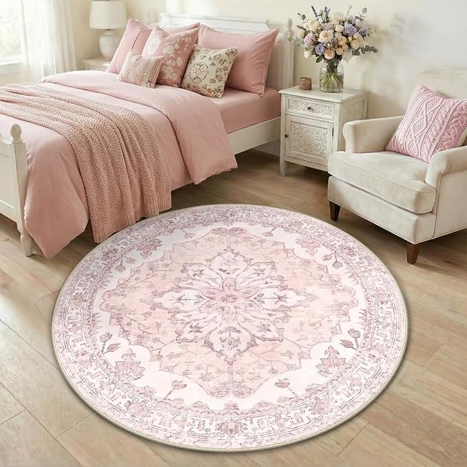 RELEANY Area Rugs 4ft Washable Non-Slip, Floral Vintage Distress Print Pattern Medallion Carpet for Living Room Bedroom Dining Room, Pink Greypink Cute