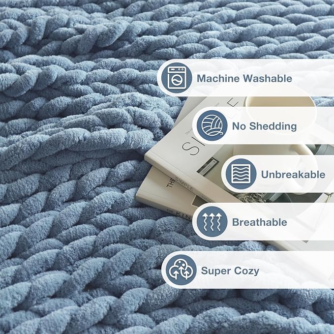 Soft Chunky Knit Blanket, 40X50 Inch Handmade Thick Chenille Yarn Throw Without Shedding & Raveling, Aesthetic & Cozy Home Decor with Couch Sofa Bed, Gift Pack, Airy Blue